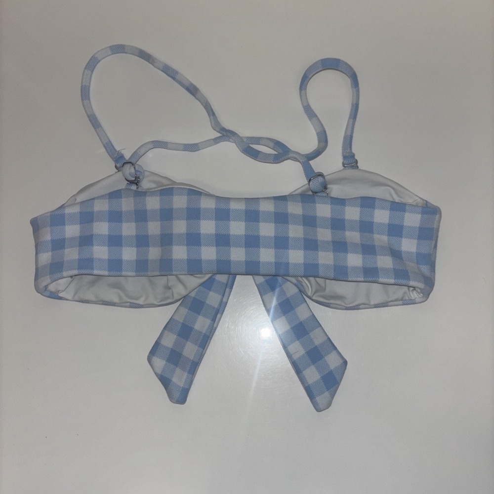 Frankies Bikinis Greer Gingham Bow Front Bikini Top Blue White Medium - Picture 5 of 6